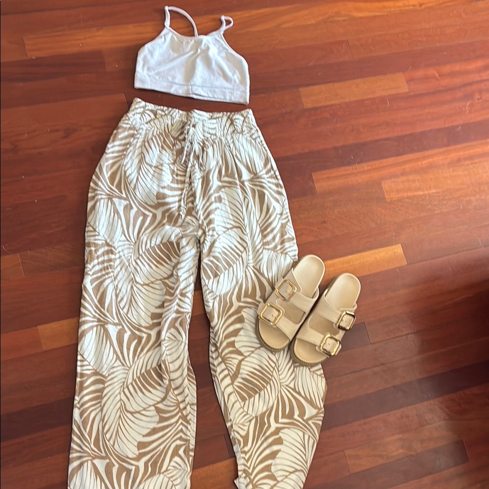 Lined Tan and Cream Wide Leg Pants with Tropical Print